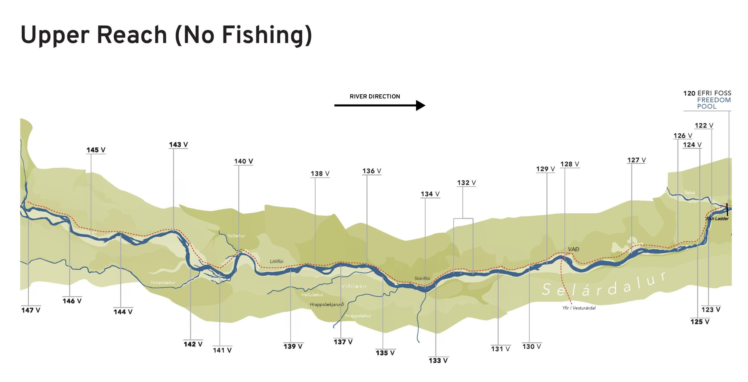 Map graphic of The River Selá's upper reach where fishing is not permitted